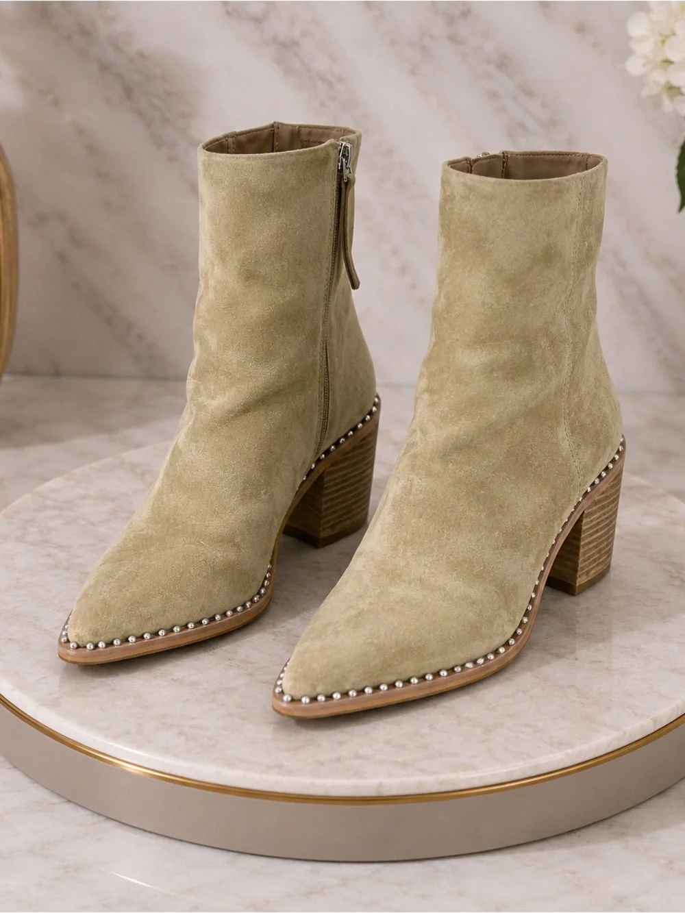 Steve Madden Suede Ankle Boots in Light Olive with Studded Trim